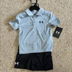 Under Armour Boys 18 Month Outfit Set Gray Polo Shirt & Black Shorts NWT